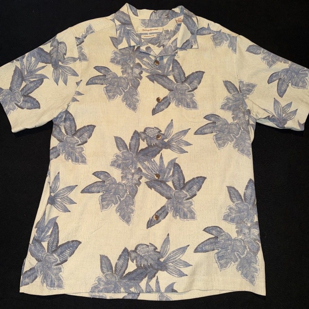 Tommy Bahama 100% Silk‎ Blue Floral Flower's Camp Shirt Mens Size Medium